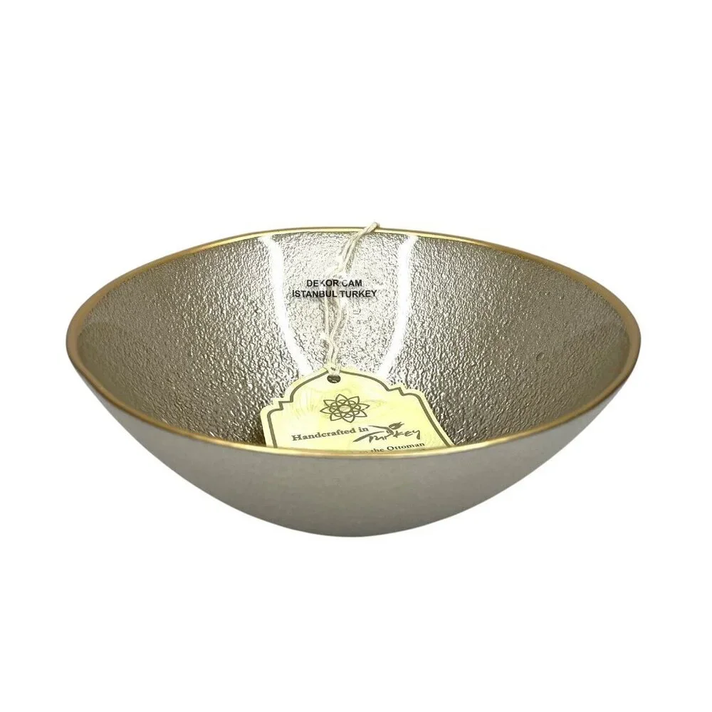 Turkish Glass 7 Bowls Set Gold Textured Gold Rim 6.2